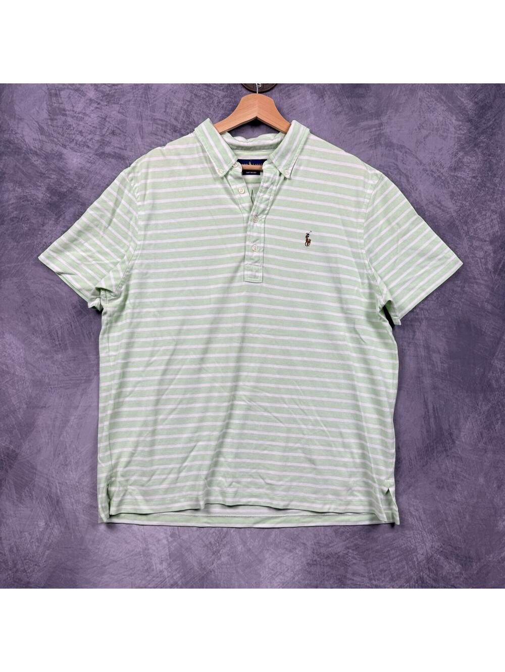 Ralph Lauren XL Knit Oxford Green White Stripe Button Collar Short Sleeve Polo